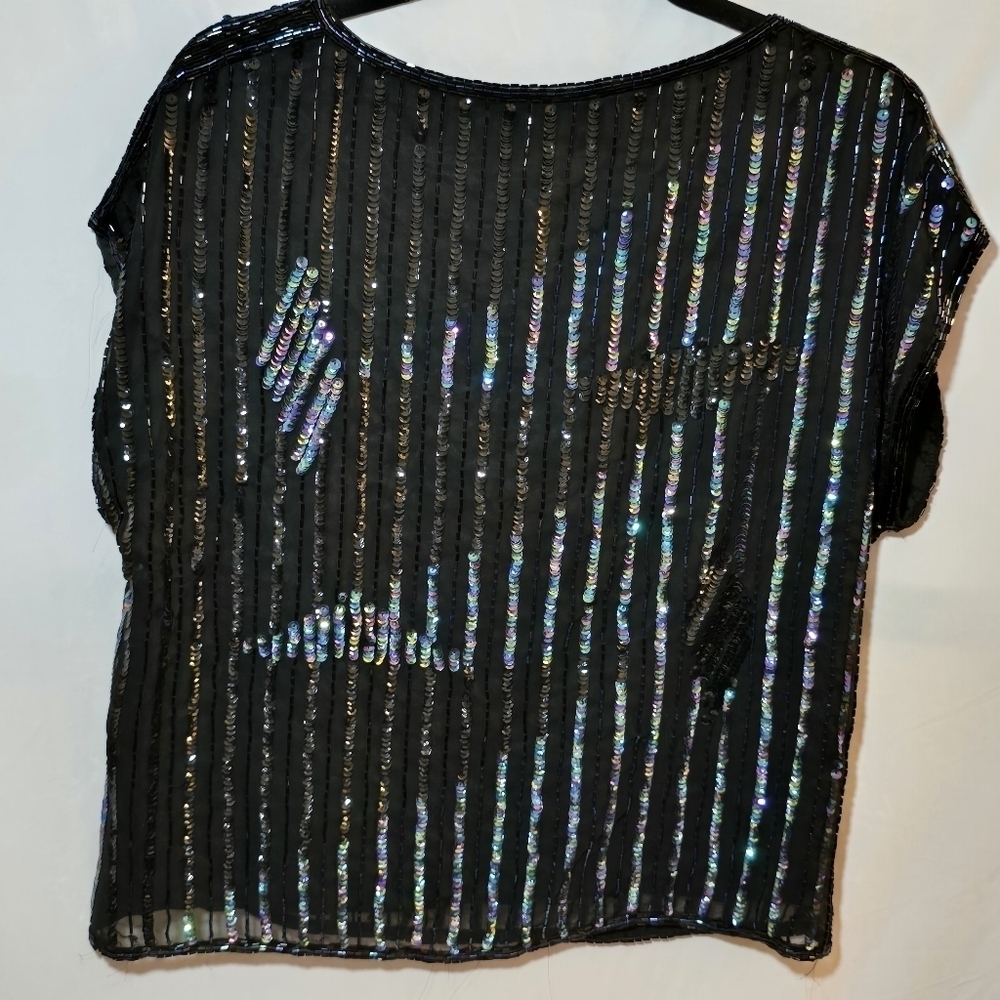 Vintage Schrader Knits 100% Silk Black Sequin Beaded Color Block Short Sleeve 12 - Picture 6 of 7